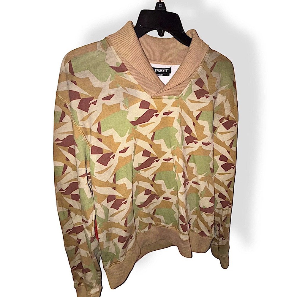 TRUKFIT Shawl Neck Multicolor Camo Sweatshirt Lil Wayne Skate Streetwear Size L